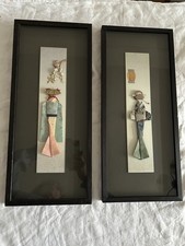 Unusual Pair Framed Japanese Paper Dolls ‘ Washi ’In Black Frames/ Black Board