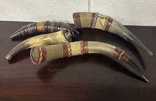 Antique powder horn and three - horn,