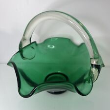 Vintage Murano Style Glass Green Posy Display Basket Clear Glass Handle 