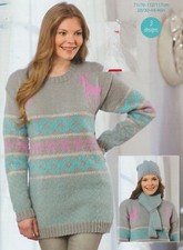 816 LADIES DK FAIRISLE SWEATER SCARF HAT 38 TO 46" VINTAGE KNITTING PATTERN COPY