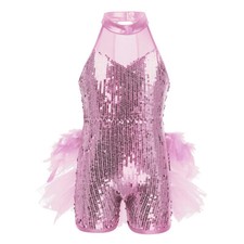 Girls Sequins Jazz Latin Dance Dress Gymnastics High Neck Leotard Ballet Costume