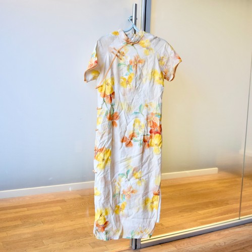 Beige orange flora qipao long - flora,