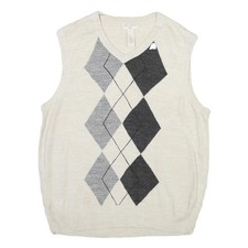 DOCKERS Mens Cream Argyle Patterned V-Neck Acrylic Jumper Vest M Casual Smart