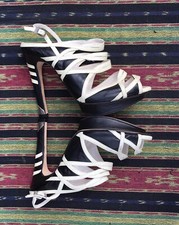 Strutt Couture Black & Cream Patent Leather Strappy Platform Sandals Heels EU37