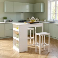 3pcs White Kitchen Bistro Table Set, Table w/ 3-Tier Shelves 2 Stools for Dining