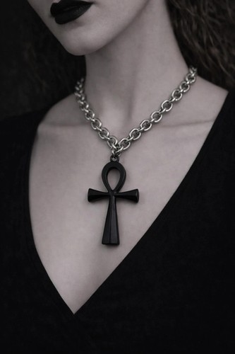 Gothic black ankh pendant - black,