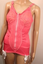 VTG ROSE PINK SHIMMERING NYLON GIRDLE, ZIP UP CORSET 6 SUSPENDER, 38C 14-16