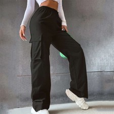 Women Cargo Combat Trousers Ladies Elastic Waist Sports Wide-Leg Joggers Pants