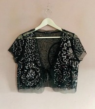 M&S AUTOGRAPH Size 12 Black Lace + Silver Sequinned Festive Bolero Top