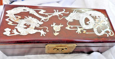 Chinese mother of pearl inlaid jewellery box dragon design 24.5cms long