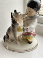 Lomonosov USSR Vintage Porcelain Inuit Yakut Figurine with Husky Signed