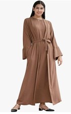 Womens Muslim Prayer Robe Dress Abaya Arab Kaftan L Islamic 3 Piece Set Brown #2