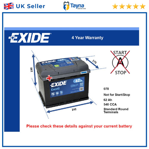 Car battery eb621 exide 078 - car,