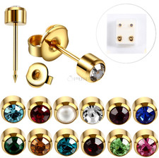Women Girls Kids 4mm 18K Gold Plated Surgical Steel Birthstones Stud Earrings
