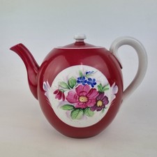 Antique Russian Gardner Porcelain Teapot Painted With Flowers Red Ground