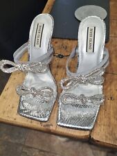 ?RI Womens❤️Mules Silver Strappy Heeled Slip On Diamante Shoes BNWOB size 4