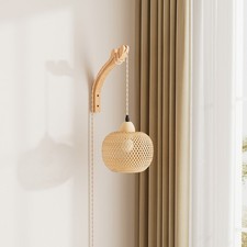 Plug in Wall Sconce Light Bamboo Wall Lamp Farmhouse with Cord Hand Woven Rattan