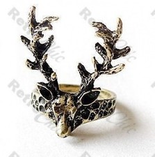 QUIRKY vintage brass STAG HEAD deer ANTLER RING kitsch,emo,punk GOTH elk antlers