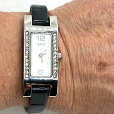 Oasis Ladies Watch Gemmed Silver Tone Case Black Leather Strap Working Quartz