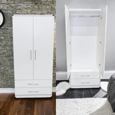 White Double Wardrobe 2 Door with 2 Drawers and Mirror Fully Assembled