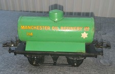 Hornby "O" Gauge TANK WAGON. Advertising "MANCHESTER OIL REFINERY Ltd", No. 114.