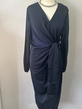 Everyday Jones Madeline Blue Satin Midi Wrap Tie Navy Blue Dress Sz Large Party