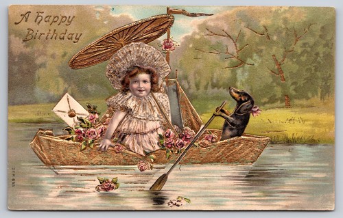 Girl her dog rowing in - her, a