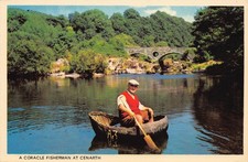 FISHING - Coracle fisherman at CENARTH unused postcard - (CARMARTHENSHIRE)
