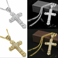 Crystal Cross Necklace Crucifix Rhinestone Big Pendant Chain Jewellery UK