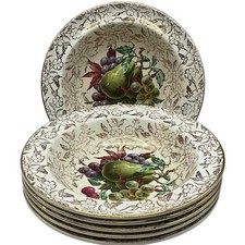 Vintage Victoria & Trentham Potteries Fruit & Floral Gold Trim Bowls - Set of 6