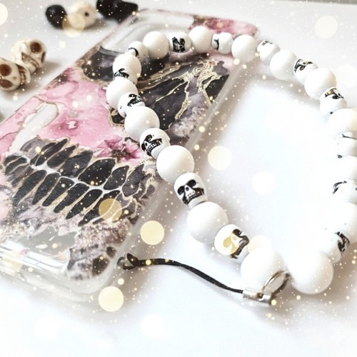 Skull beaded phone wrist strap - skull,