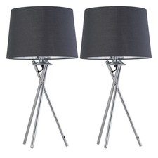 Modern Set of 2 Tripod Chrome Table Lamp Bedside Lights Grey & Silver Shade