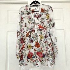 Zara White Floral Bird Print Long Blouse Long Sleeved Size Large