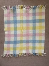 Vintage Wool Fringed Check Pastel Colour Baby Pram Car Blanket 
