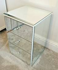 Mirrored Glass Bedside Table Cabinet 3 Drawer Chest Crystal Handles Handmade UK