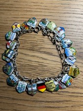 Vintage Silver Charm Bracelet Souvenir 28 Enamel Travel Shields.