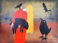 Naive Original Oil Painting On Canvas Signed Framed „Alice Scares Away Crows..”