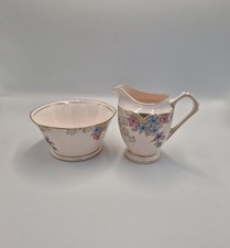 Vintage Plant Tuscan Hand Painted Pink Floral Milk Jug & Sugar Bowl Art Deco