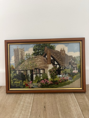 Framed cottage needlepoint - cottage,