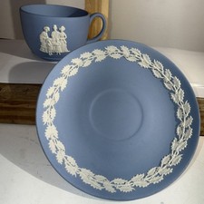 Wedgewood Blue Jasperware Cup and Saucer 1993 Christmas. 