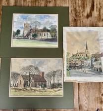 Set Of 3 Large V. Bowcott Original Watercolour Paintings English Churches 1970