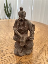 Vintage Oriental Hand Carved Wooden Man with Pipe Figurine Ornament