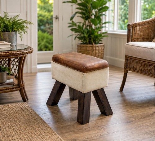 Sheesham wood footstool - wood, pu
