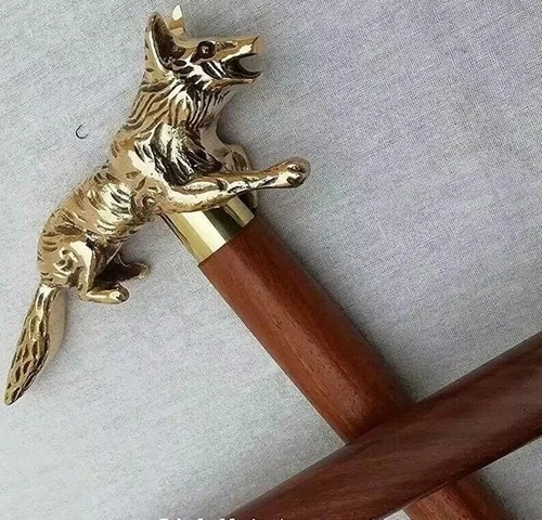 Walking stick with brass wolf - walking,