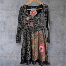 Desigual S Tunic Dress Floral Metallic Boho Embellished Goth Flared D2