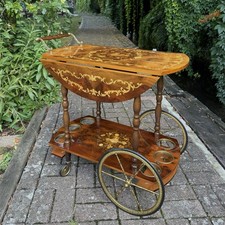 Rare Vintage Bar Cart Drinks Trolley –Drop Leaf, Inlaid Marquetry Wheels, Italy