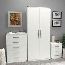 Assembled 3 Piece White Bedroom Furniture Bedside Wardrobe Set Chest of Drawers