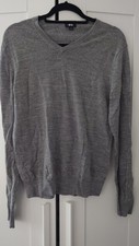 Grey Uniqlo Mens Fine Merino Wool Sweater Jumper Pullover, Size S