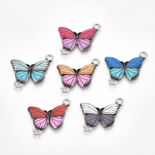 10 Mixed Colour Butterfly Shaped Silver Tone Connector Charms with Enamel Detail
