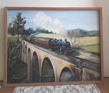 Vintage Original Steam train on bridge Framed Painting Signed NS Cox c.1980s